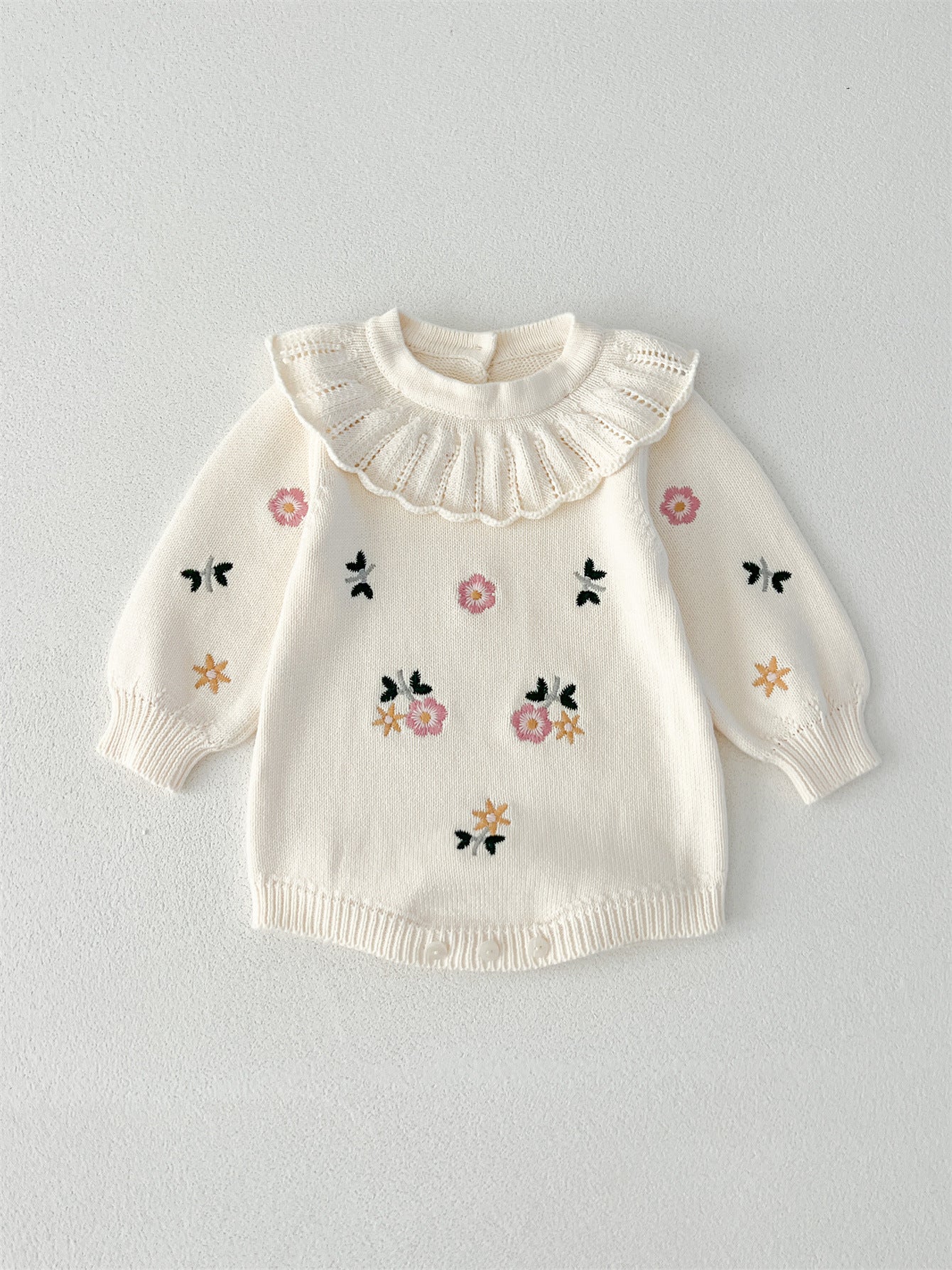 Autumn Arrival Baby Girls Flowers and Butterfly Embroidery Pattern Long Sleeves Onesies with Collar, MyKids-USA®, Baby One-Pieces, MyKids-USA - Size/Age - 66 (3-6M) - Color - White -  -  - TR2408151049-B