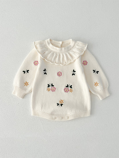 Autumn Arrival Baby Girls Flowers and Butterfly Embroidery Pattern Long Sleeves Onesies with Collar, MyKids-USA®, Baby One-Pieces, MyKids-USA - Size/Age - 66 (3-6M) - Color - White -  -  - TR2408151049-B