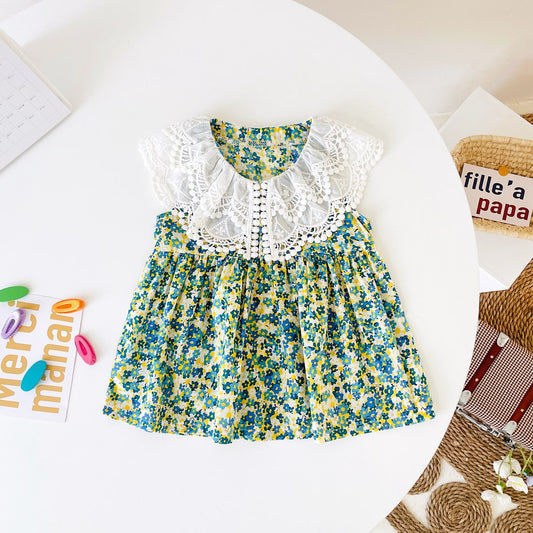 Design Summer Girls Sleeveless Floral Print Lace Collar Dress, MyKids-USA®, Baby & Toddler Dresses, MyKids-USA - Size/Age - 73 (6-9M) - Color - Green -  -  - TR2403202319-A