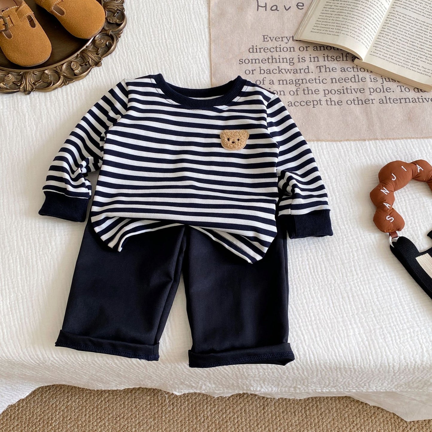 Autumn and Spring Baby Long Sleeves Cute Cartoon and Striped Pattern Pullover and Plain Pants Clothing Set, MyKids-USA®, Baby & Toddler Outfits, MyKids-USA - Size/Age - 73 (6-9M) - Color - Navy Blue (Dark Blue) -  -  - TR2512082122-A.