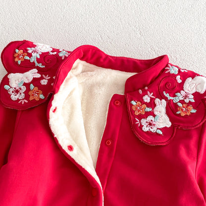 Infant Baby Girls Thick Warm Long Sleeve Rabbits Floral Knitted Round Collar Red Romper, MyKids-USA®, Baby One-Pieces, MyKids-USA -  -  -  -  -  -  - 