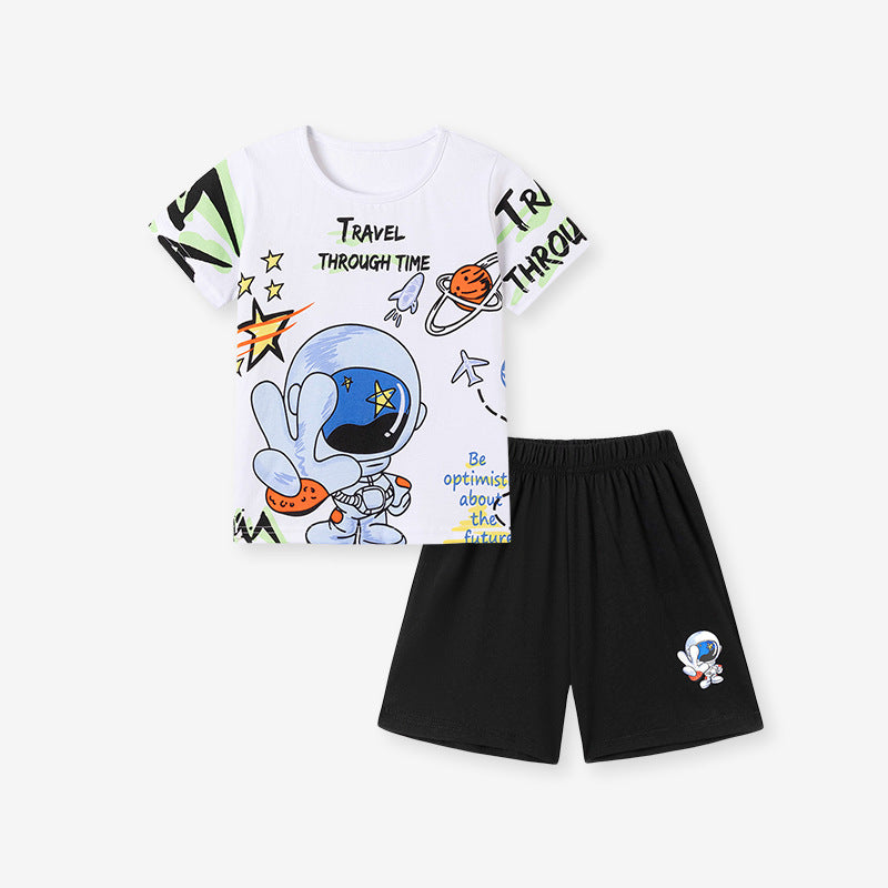 Summer Hot Selling Baby Kids Boys Short Sleeves Cartoon Pattern T-shirt and Black Shorts Clothing Set