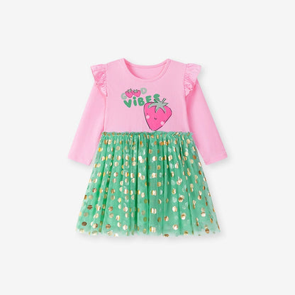 Autumn and Spring Arrival Strawberry Cartoon and Polka Dots Pattern Long Sleeves Crew Neck Dress for Stylish Girls, MyKids-USA®, Baby & Toddler Dresses, MyKids-USA - Size/Age - 90 (12-24M) - Color - Pink -  -  - TR2507151950-A