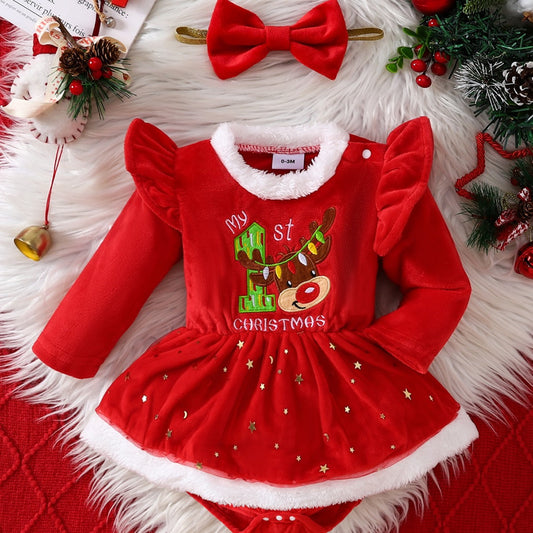 Christmas Arrival Baby Girls Long Sleeves Red Cartoon Fluffy Bodysuit