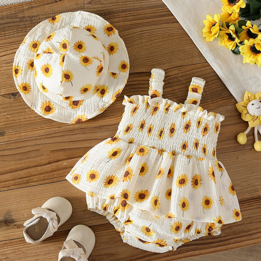 Design Summer Baby Kids Girls Sleeveless Flowers Pattern Bodysuit with Hat