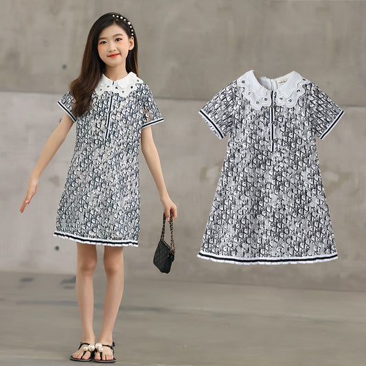 New Design Summer Kids Girls Abstract Letters Print Fashion Short Sleeves Hollow Out Collar Dress