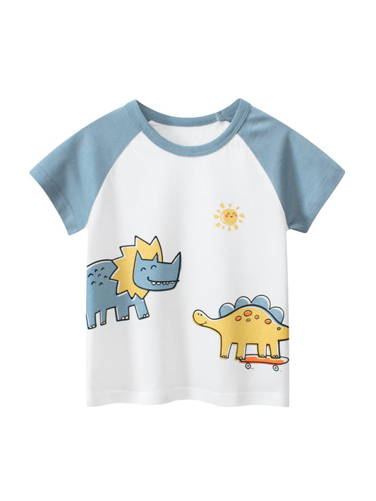 Boys’ Cartoon Animals Print Color Patchwork T-Shirt In European And American Style