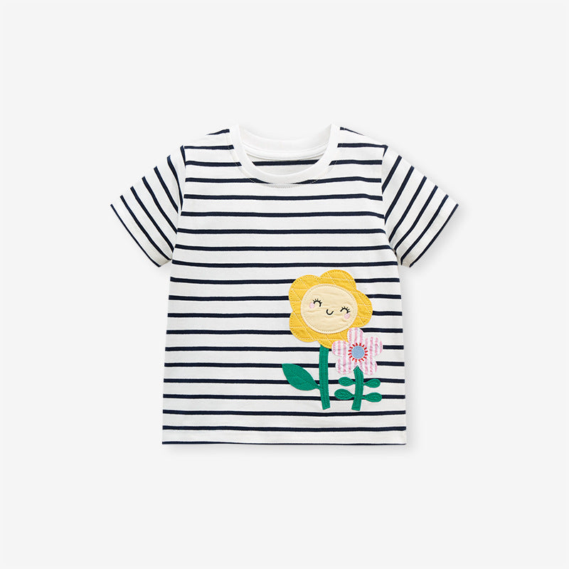 Baby Kids Girls Black Striped Floral Pattern Short Sleeves T-Shirt