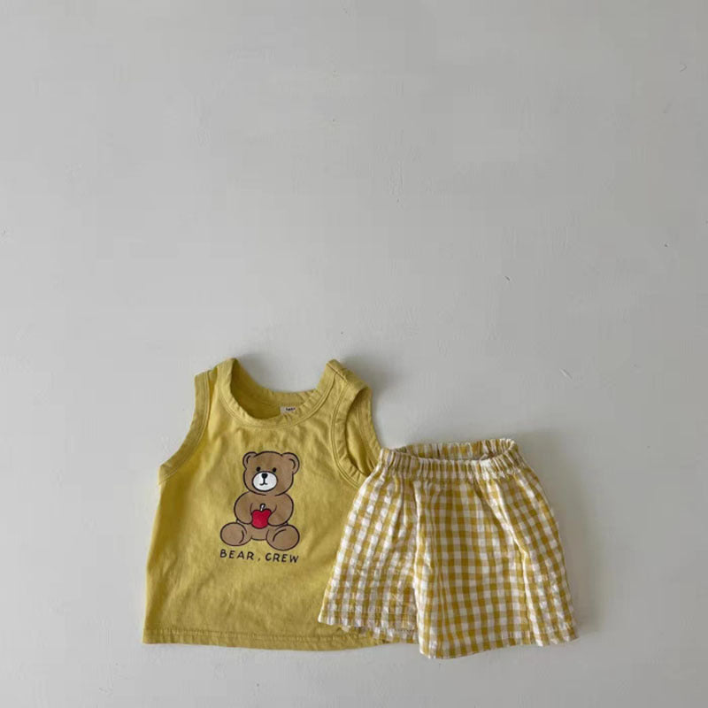 Baby Bear Print Pattern Tops With Plaid Shorts Sets
