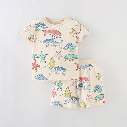 Summer Baby Kids Girls Marine Animals Cartoon Pattern Short Sleeves T-Shirt And Shorts Casual Clothing Set