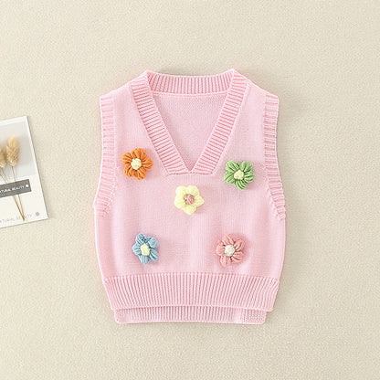 New Arrival Baby Kids Girls 3D Flowers V-Neck Design Sleeveless Knitwear Soft Vest