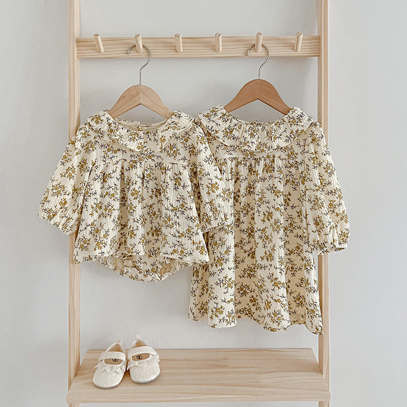 Floral Pattern Ruffle Neck Baby Onesies Dress