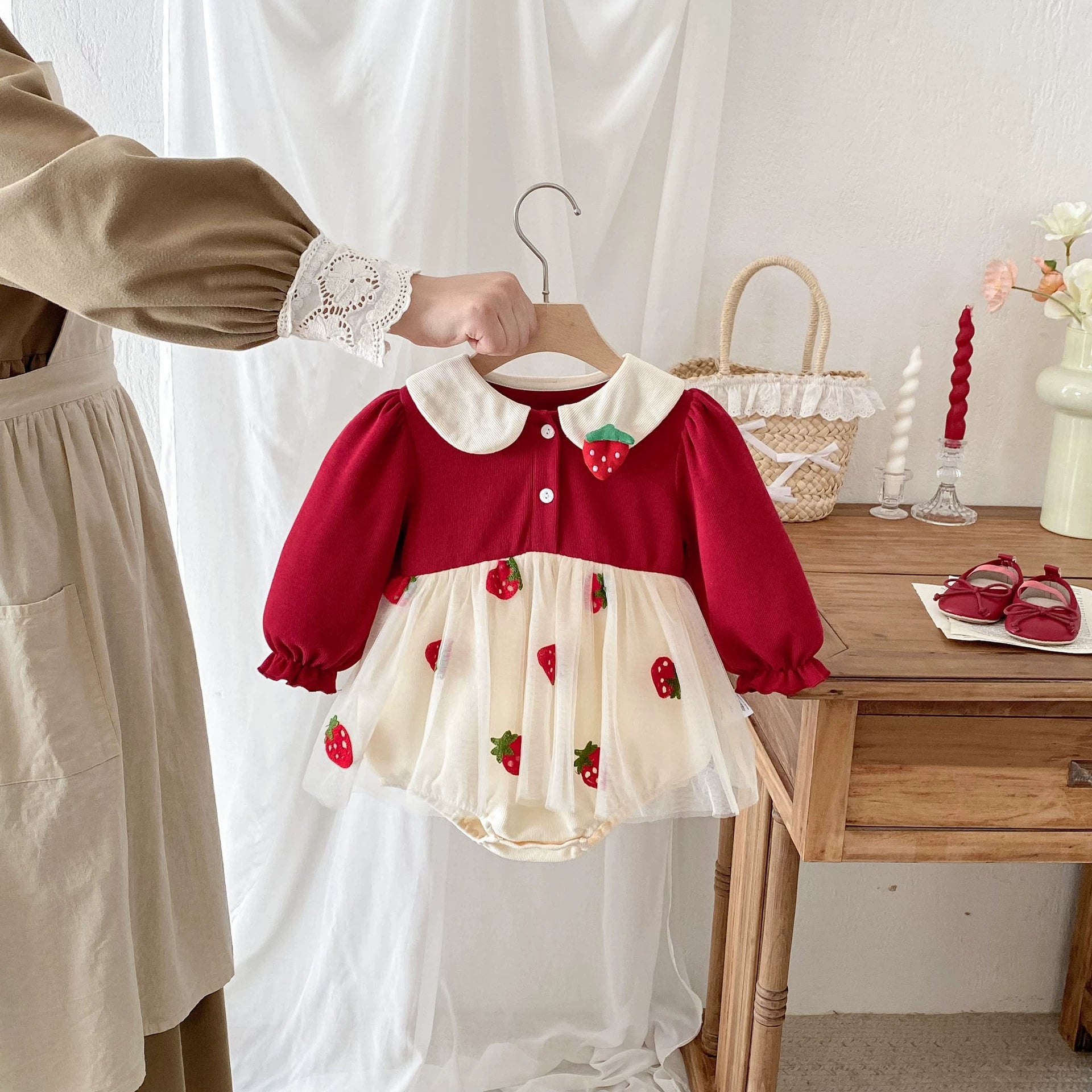 Autumn Arrival Baby Girls Long Sleeves Strawberry Pattern Color Patchwork Onesies, MyKids-USA®, Baby & Toddler Dresses, MyKids-USA - Size/Age - 66 (3-6M) - Color - Red -  -  - TR2508252330-A