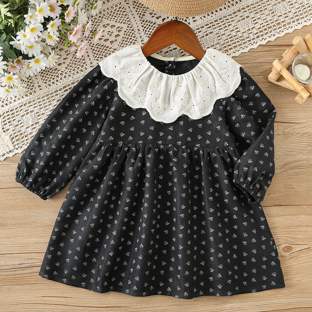 Arrival Autumn Girls Flowers Pattern Long Sleeves Dress with Collar, MyKids-USA®, Baby & Toddler Dresses, MyKids-USA - Size/Age - 90 (12-24M) - Color - Black -  -  - TR2508132251-A