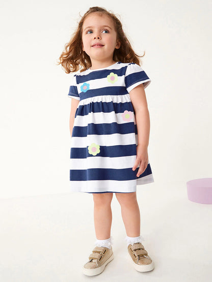 Spring And Summer Baby Girls Navy Blue Striped Floral Short Sleeves Dress