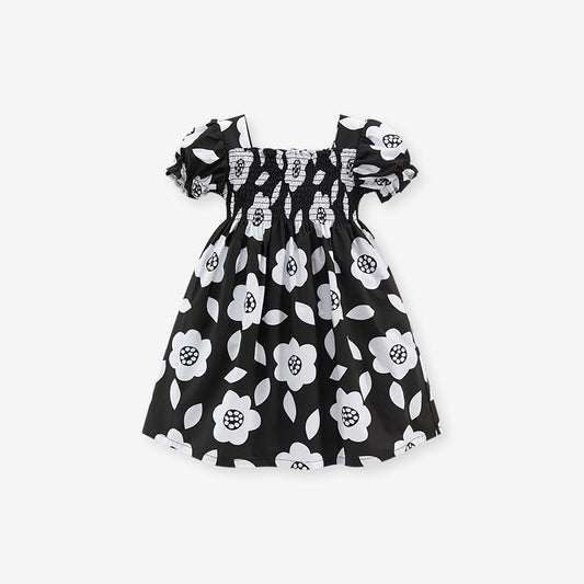 Baby Girls Square Neck Short Sleeves Black Floral Dress