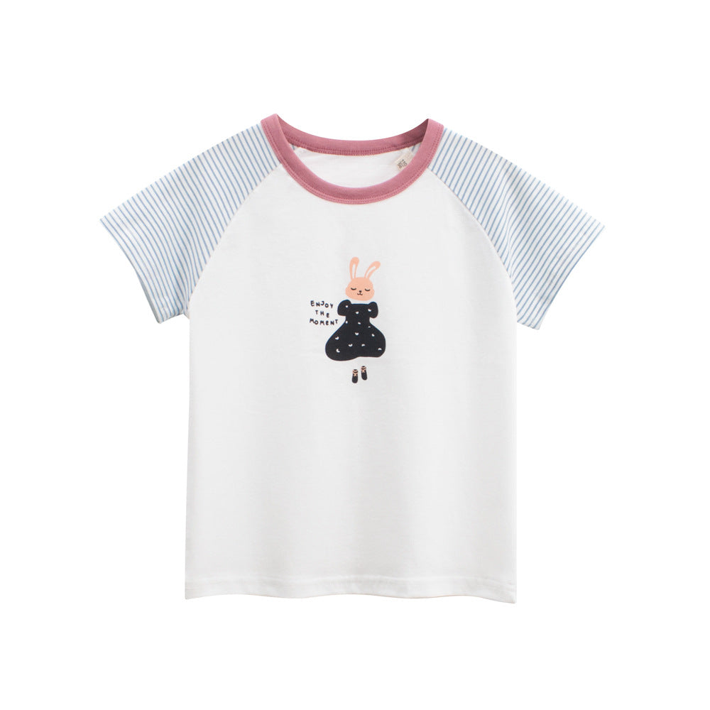 Summer Girls’ Rabbit and Striped Pattern T-shirt in European and American Style, MyKids-USA®, T-Shirts, MyKids-USA - Size/Age - 90 (12-24M) - Color - White -  -  - TR2604212342-A.