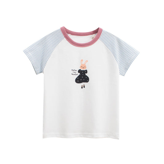 Summer Girls’ Rabbit and Striped Pattern T-shirt in European and American Style, MyKids-USA®, T-Shirts, MyKids-USA - Size/Age - 90 (12-24M) - Color - White -  -  - TR2604212342-A.