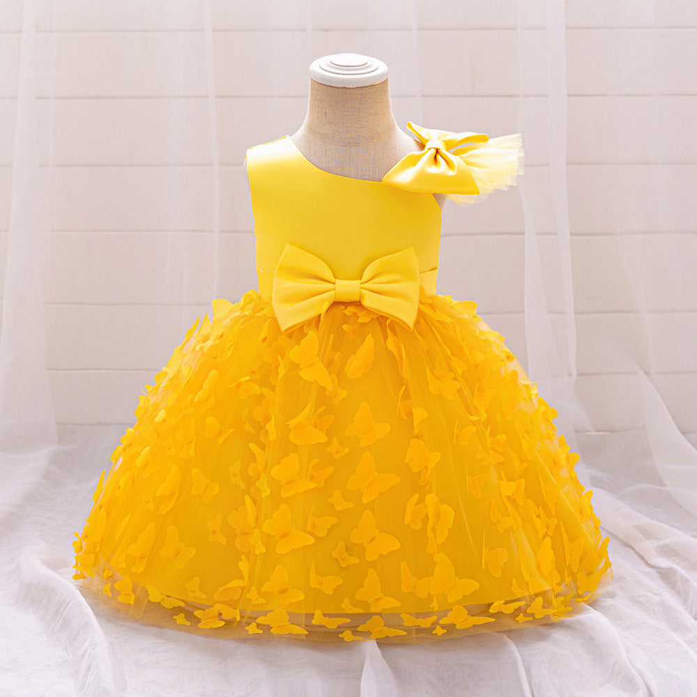 New Design Summer Baby Kids Girls Sleeveless Butterfly Pattern Mesh Bow Tied Strap Dress