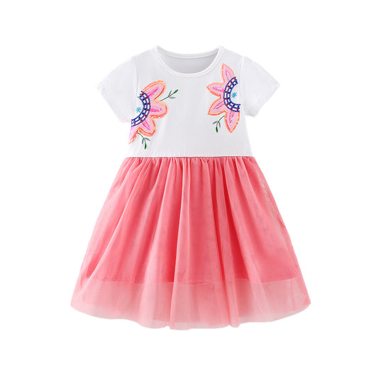 Summer Arrival Sequins Flowers Pattern Short Sleeves Crew Neck Dress for Stylish Girls, MyKids-USA®, Baby & Children's Dresses, MyKids-USA - Size/Age - 90 (12-24M) - Color - Pink -  -  - TR2604022252-A.