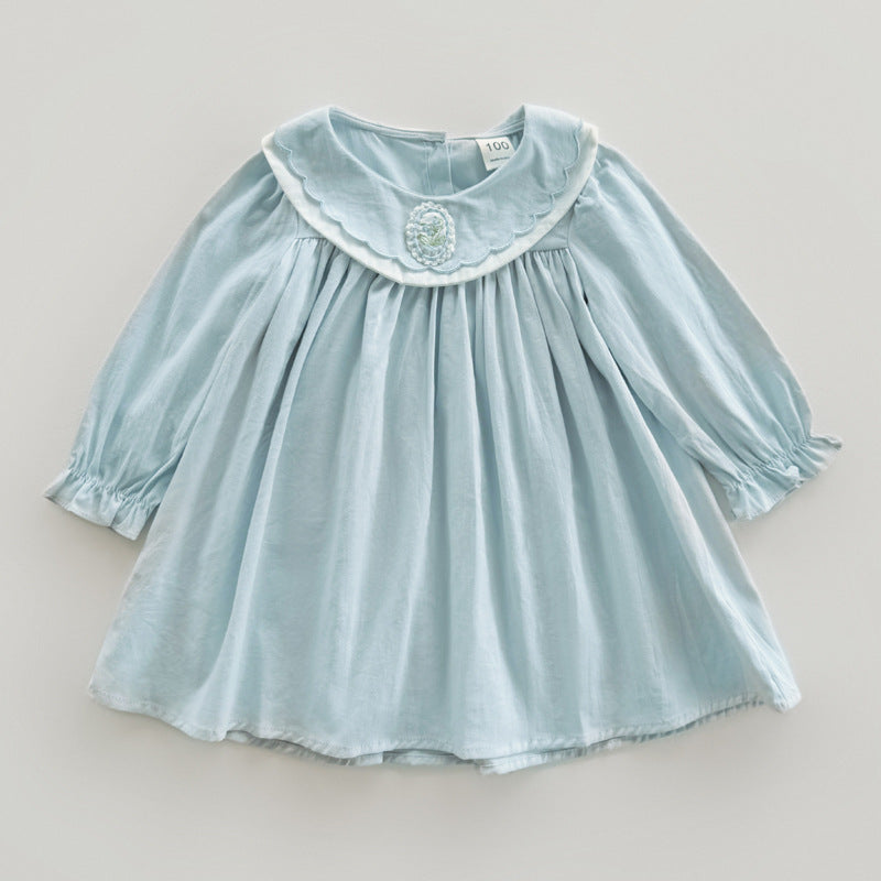 Simple Plain Autumn Girls Flower Embroidery Collar Long Sleeves French Style Dress, MyKids-USA®, Baby & Toddler Dresses, MyKids-USA - Size/Age - 90 (12-24M) - Color - Blue -  -  - TR2409100948-A
