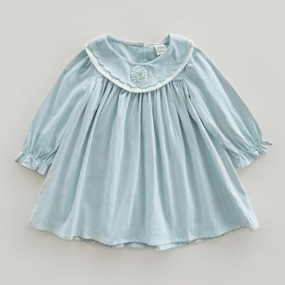 Simple Plain Autumn Girls Flower Embroidery Collar Long Sleeves French Style Dress, MyKids-USA®, Baby & Toddler Dresses, MyKids-USA - Size/Age - 90 (12-24M) - Color - Blue -  -  - TR2409100948-A
