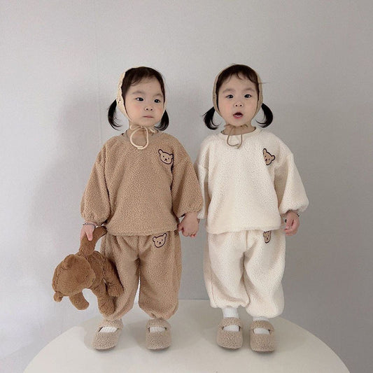 Winter Baby Kids Unisex Long Sleeves Casual Fluffy Teddy Bear Pattern Pullover and Pants Clothing Set
