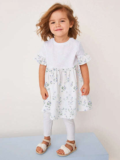 Summer Baby Kids Girls Floral Print Patchwork Dress And White Pants Clothing Set