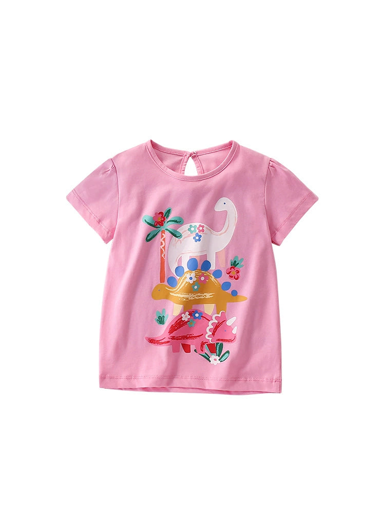 Summer Arrival Girls’ Cartoon Dinosaurs Pattern Short Sleeves Pink T-shirt in European and American Style, MyKids-USA®, T-Shirts, MyKids-USA -  -  -  -  -  -  - 