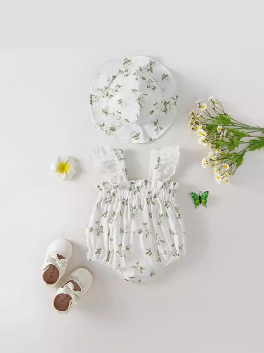 Summer New Design Baby Girls Floral Pattern Fly Sleeves Strap Onesies