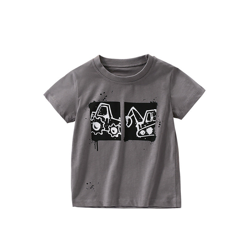 Summer Arrival Boys’ Engineering Vehicles Cartoon Pattern T-shirt in European and American Style, MyKids-USA®, Baby & Toddler Tops, MyKids-USA - Size/Age - 100 (2-3Y) - Color - Grey -  -  - TR2506141804-A