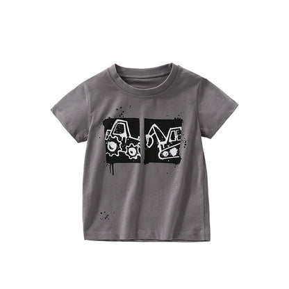 Summer Arrival Boys’ Engineering Vehicles Cartoon Pattern T-shirt in European and American Style, MyKids-USA®, Baby & Toddler Tops, MyKids-USA - Size/Age - 100 (2-3Y) - Color - Grey -  -  - TR2506141804-A