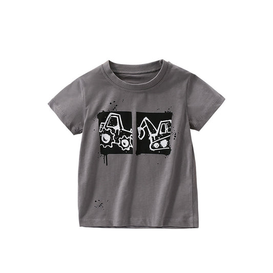 Summer Arrival Boys’ Engineering Vehicles Cartoon Pattern T-shirt in European and American Style, MyKids-USA®, Baby & Toddler Tops, MyKids-USA - Size/Age - 100 (2-3Y) - Color - Grey -  -  - TR2506141804-A