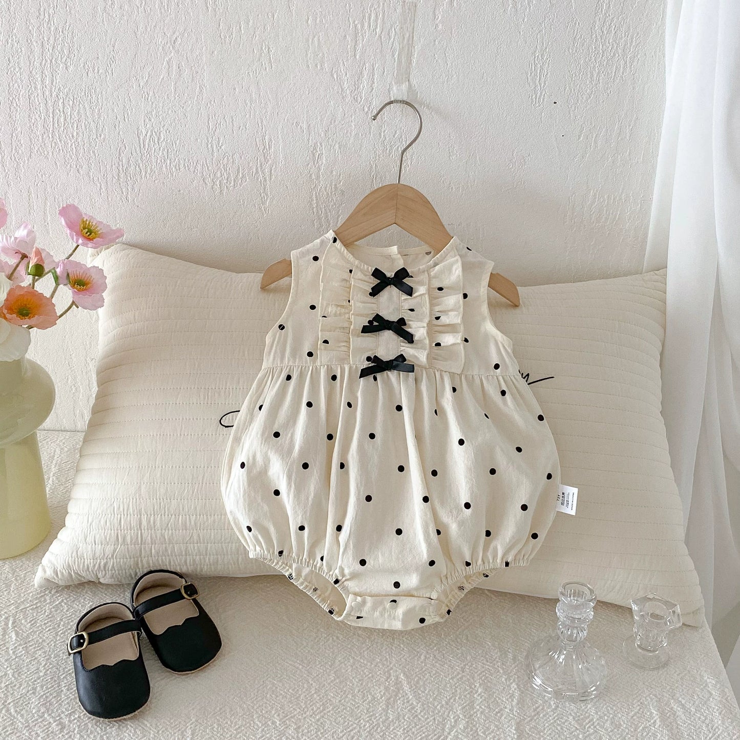 Summer Arrival Baby Girls Sleeveless Butterfly-bows Decorated Onesies with Dots Pattern, MyKids-USA®, Baby One-Pieces, MyKids-USA - Size/Age - 66 (3-6M) - Color - Beige -  -  - TR2506192026-A