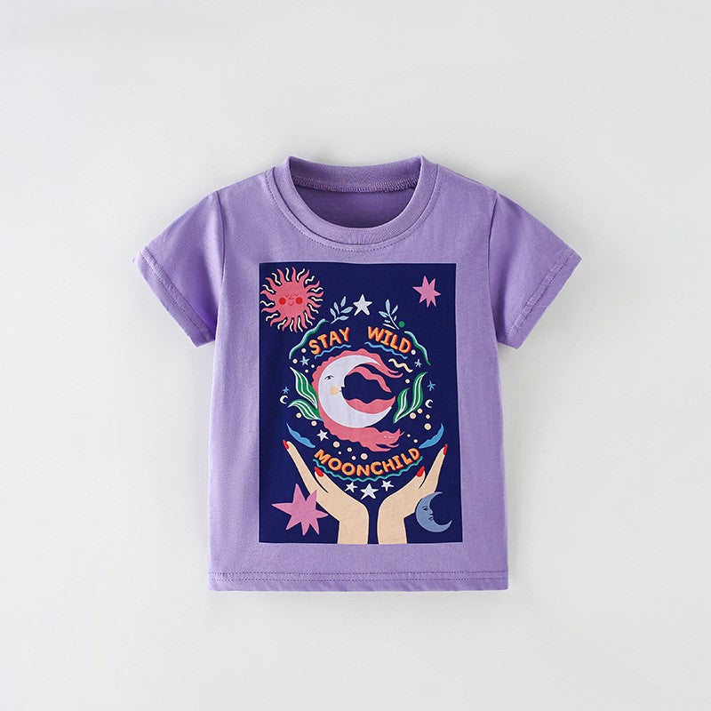 Summer Girls’ Cartoon Pattern T-shirt in European and American Style, MyKids-USA®, T-Shirts, MyKids-USA - Size/Age - 100 (2-3Y) - Color - Purple -  -  - TR2605212333-A.
