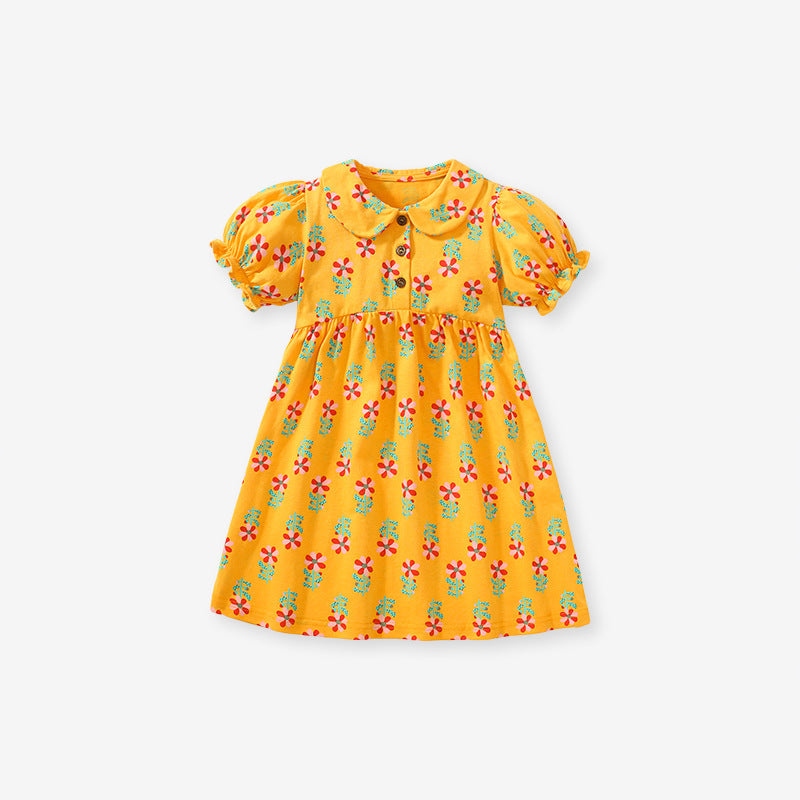 Baby Kids Girls Peter Pan Collar Floral Design Short Sleeves Dress, MyKids-USA®, Baby & Toddler Dresses, MyKids-USA - Size/Age - 90 (12-24M) - Color - Yellow -  -  - TR2402012134-A