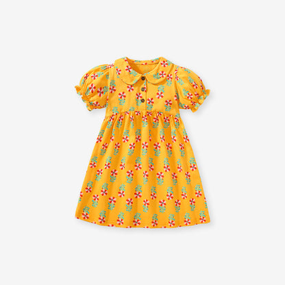 Baby Kids Girls Peter Pan Collar Floral Design Short Sleeves Dress, MyKids-USA®, Baby & Toddler Dresses, MyKids-USA - Size/Age - 90 (12-24M) - Color - Yellow -  -  - TR2402012134-A