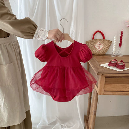 Summer Arrival Baby Girls Short Sleeves Tulle Decorated Onesies, MyKids-USA®, Baby One-Pieces, MyKids-USA -  -  -  -  -  -  - 