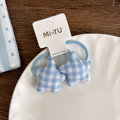 Collection of 2 Versatile Cute Lace Embroidered and Plaid Pattern Hair Clips and Hair Ties, MyKids-USA®, Hair Pins, Claws & Clips, MyKids-USA - Size/Age - Average Size (0-12Y） - Color - Blue -  -  - TR2601241706-C.