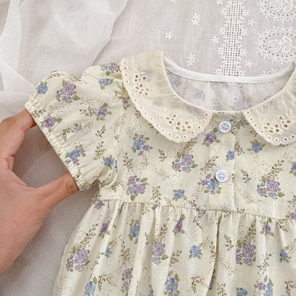 Summer Arrival Baby Girls Vintage Short Sleeves Floral Pattern bodysuit with Hollow-out Collar, MyKids-USA®, Baby One-Pieces, MyKids-USA -  -  -  -  -  -  - .