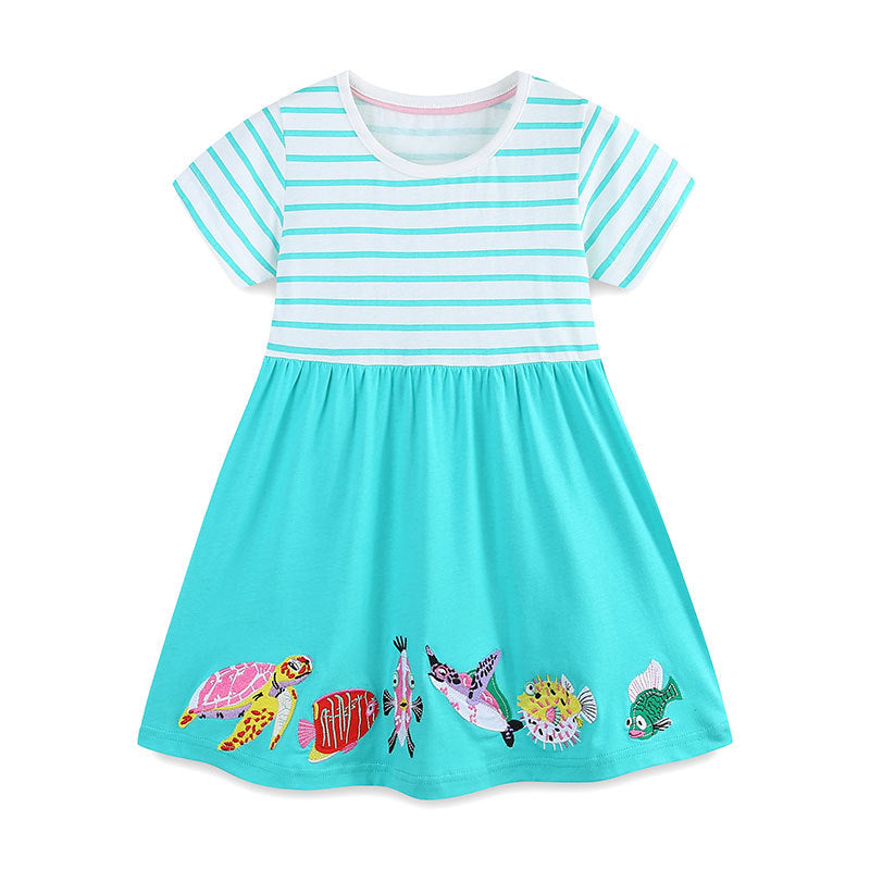 Summer Arrival Animals Cartoon Pattern Short Sleeves Striped Dress for Stylish Girls, MyKids-USA®, Baby & Toddler Dresses, MyKids-USA - Size/Age - 90 (12-24M) - Color - Blue -  -  - TR2505302019-A