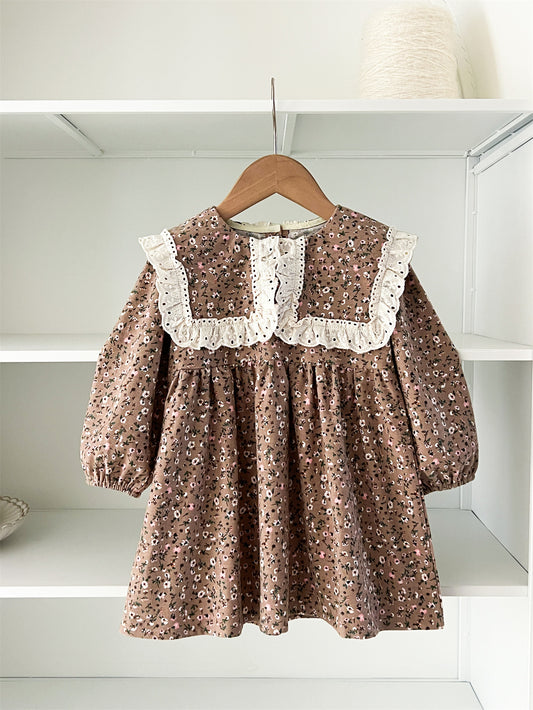 Spring Arrival Baby Girls Long Sleeves Vintage Floral Pattern Dress, MyKids-USA®, Baby & Toddler Dresses, MyKids-USA - Size/Age - 90 (12-24M) - Color - Brown -  -  - TR2412301012-A.