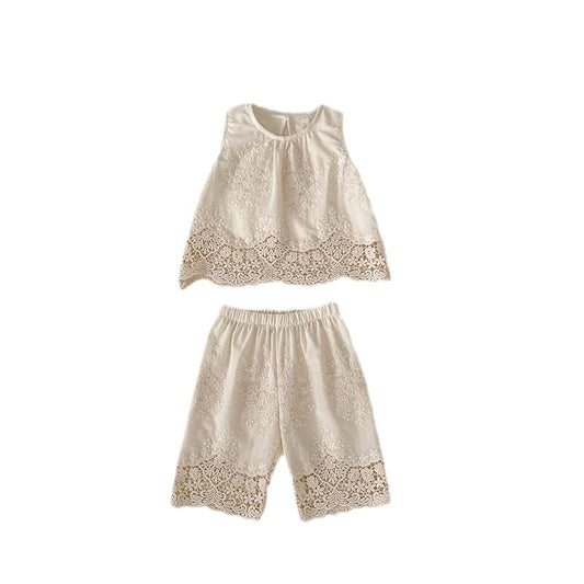 New Design Summer Baby Kids Girls Floral Embroidery And Hollow-Out Pattern Dress And Shorts Clothing Set