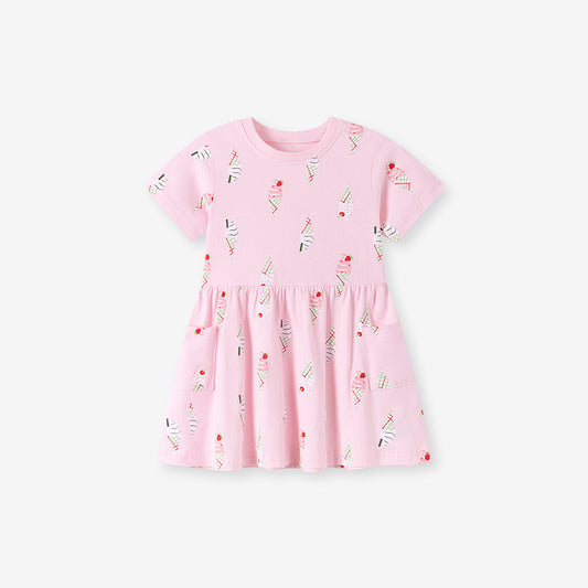 Summer Arrival Ice-Cream Cartoon Pattern Short Sleeves Dress for Stylish Girls