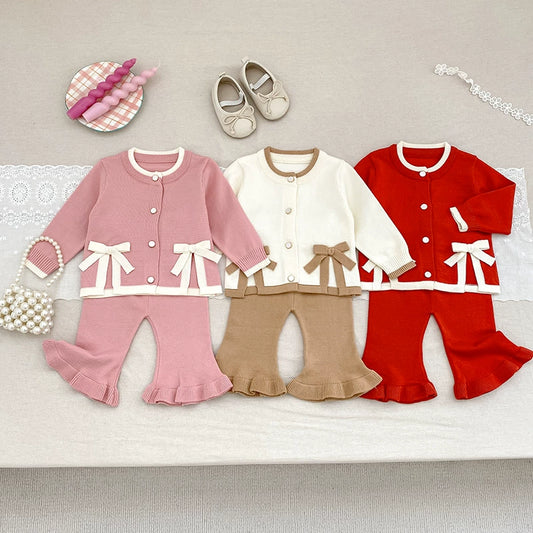 Arrival Autumn Baby Girls Long Sleeves Color Patchwork Butterfly-bows Decorated Knitted Top Cardigan and Long Trousers Clothing Set, MyKids-USA®, Baby & Toddler Outfits, MyKids-USA -  -  -  -  -  -  - 