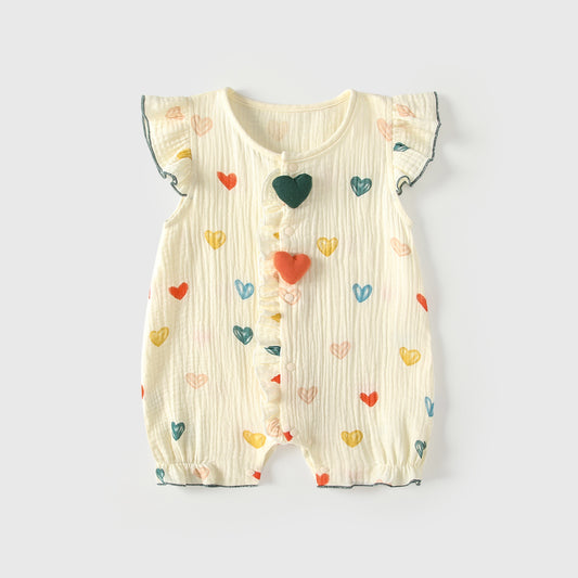 Summer Arrival Baby Girls Fly Sleeves Hearts Pattern Rompers Bodysuits