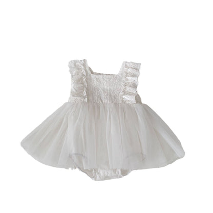 Summer Girls Flower-Embroidered And Hollow Out Strap White Onesies Dress