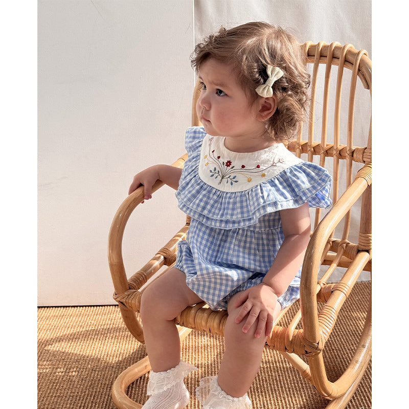 Summer Arrival Baby Cute Plaid Sleeveless Flowers Embroidered Onesies, MyKids-USA®, Baby One-Pieces, MyKids-USA -  -  -  -  -  -  - 