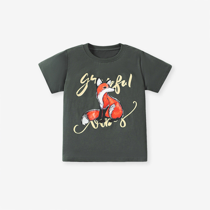 Boys’ Fox Print T-Shirt In European And American Style For Summer, MyKids-USA®, Baby & Toddler Tops, MyKids-USA - Size/Age - 110 (3-5Y) - Color - Black -  -  - TR2403152359-A
