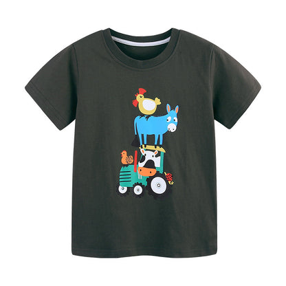 Summer Boys’ Farm Animals Cartoon Pattern T-shirt in European and American Style, MyKids-USA®, Baby & Toddler Tops, MyKids-USA - Size/Age - 90 (12-24M) - Color - Black -  -  - TR2506051919-A